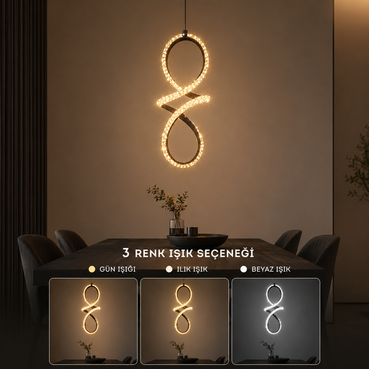 Bade Cristalya Serisi Siyah Kasa 3 Renk Ledli Sarkıt Avize Modern Led Avize