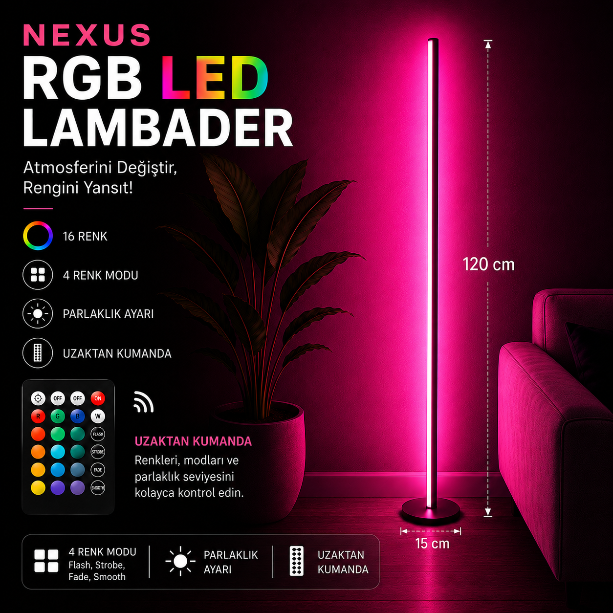 Nexus Renkli LED Lambader – RGB 16 Renk, 4 Mod, Uzaktan Kumandalı - 120 Cm