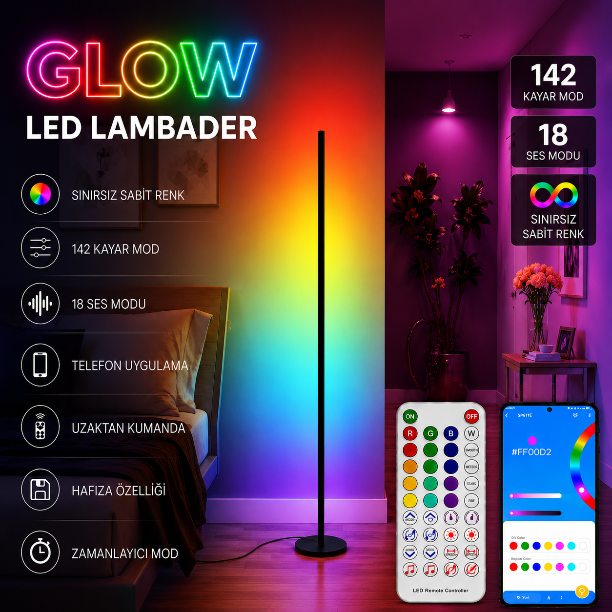 Glow Akıllı Lambader 148 Modlu, Sese Duyarlı, Telefon ve Kumandalı ARGB LED Lamba