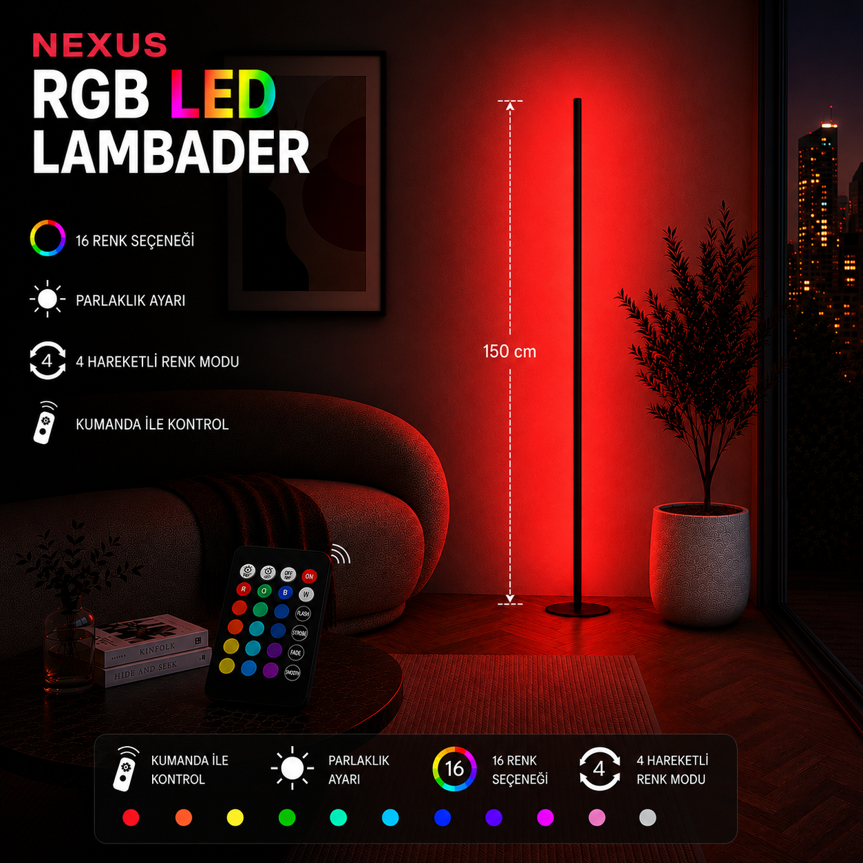 Nexus  Renkli LED Lambader – RGB 16 Renk, 4 Mod, Uzaktan Kumandalı - 150 Cm