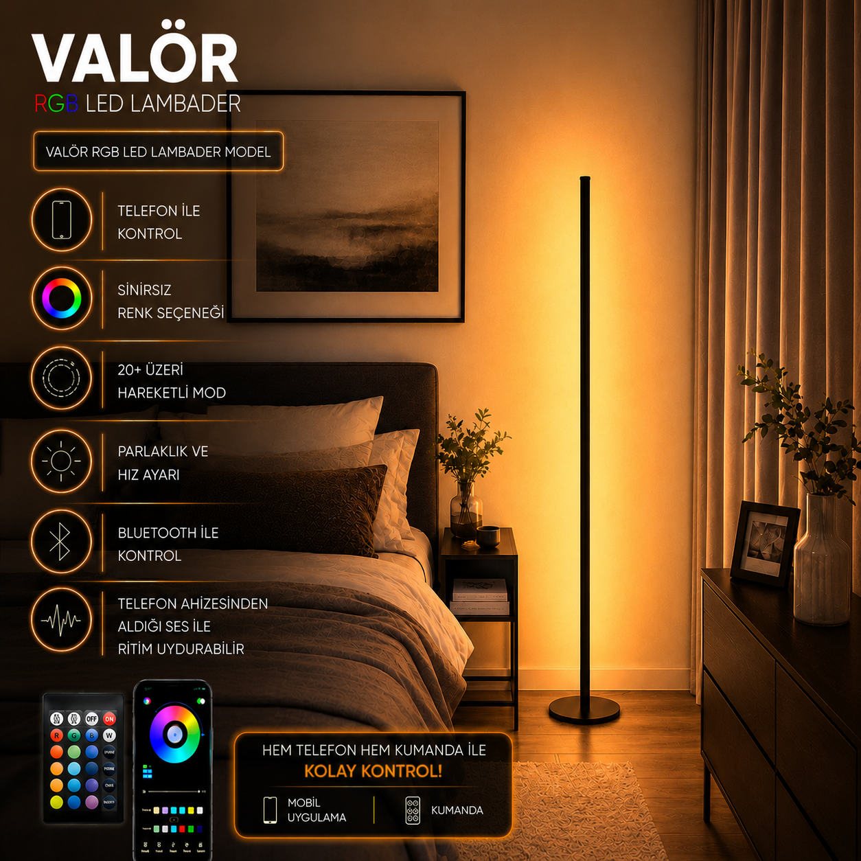 Valör RGB Lambader – 22 Işık Modu, Sınırsız Renk, Telefon ve Kumanda Kontrollü