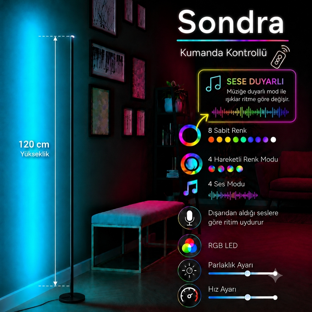 Sondra Sese ve Müziğe Duyarlı RGB LED Lambader – Kumandalı, 8 Renk, 4 Ritim Modu 120 Cm