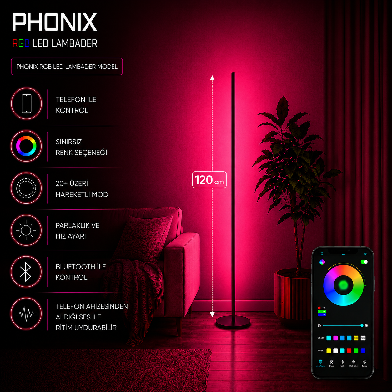 Phonix RGB Telefon Kontrollü Lambader – Sınırsız Renk, 22 Işık Modu - 120 Cm