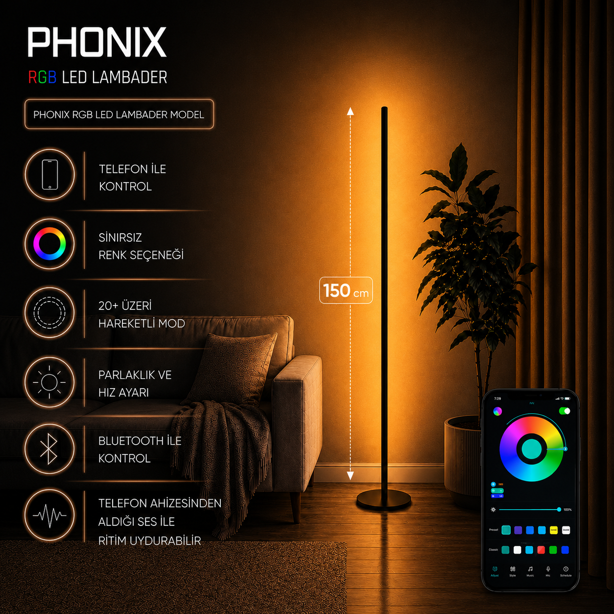 Phonix RGB Telefon Kontrollü Lambader – Sınırsız Renk, 22 Işık Modu - 150 Cm