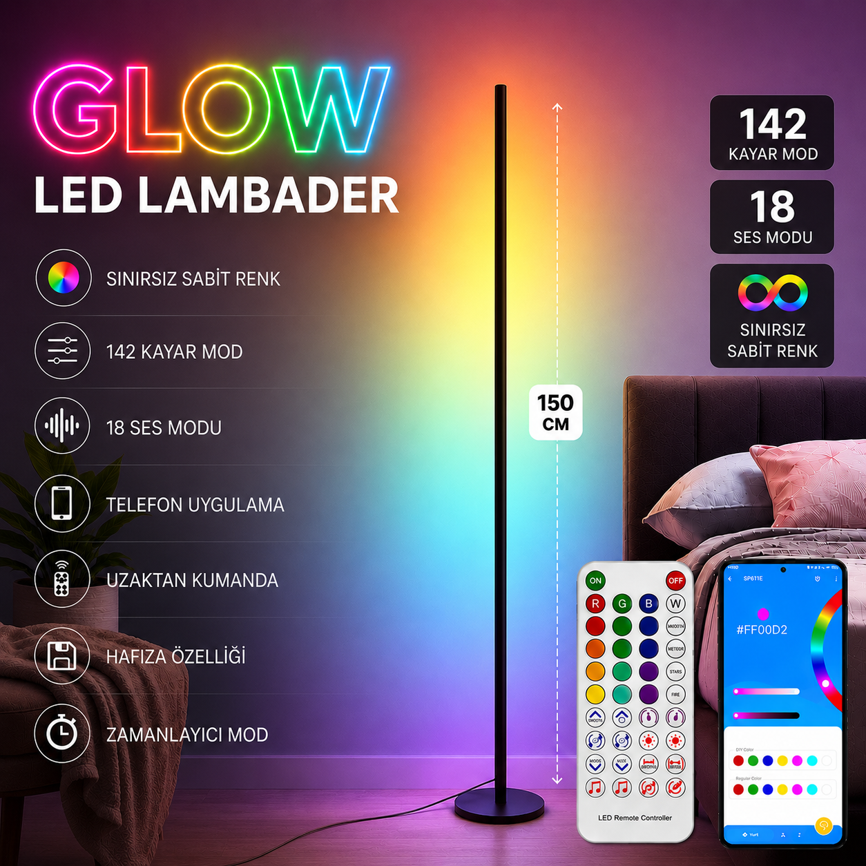 Glow Akıllı Lambader 148 Modlu, Sese Duyarlı, Telefon ve Kumandalı ARGB LED Lamba