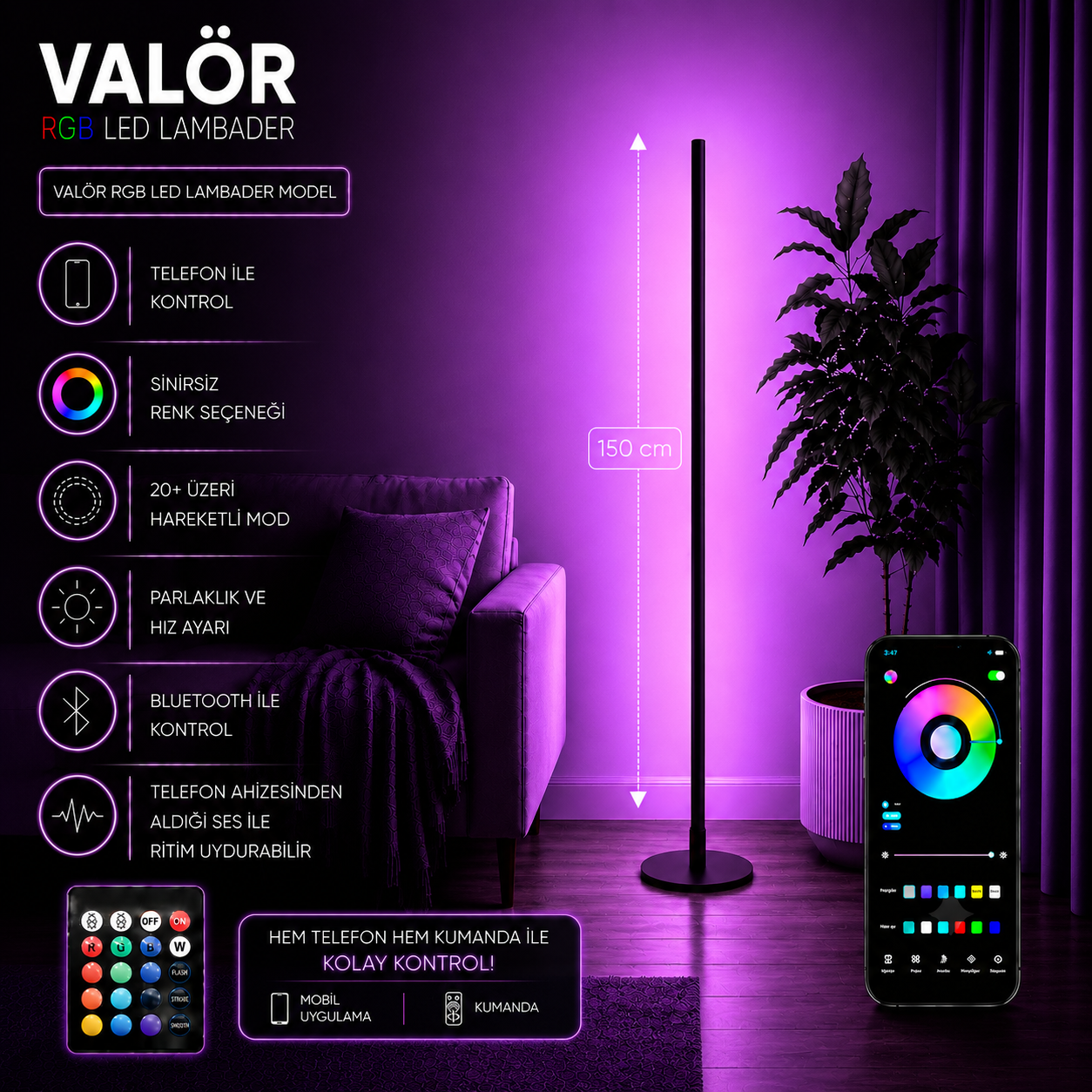 Valör RGB Lambader – 22 Işık Modu, Sınırsız Renk, Telefon ve Kumanda Kontrollü