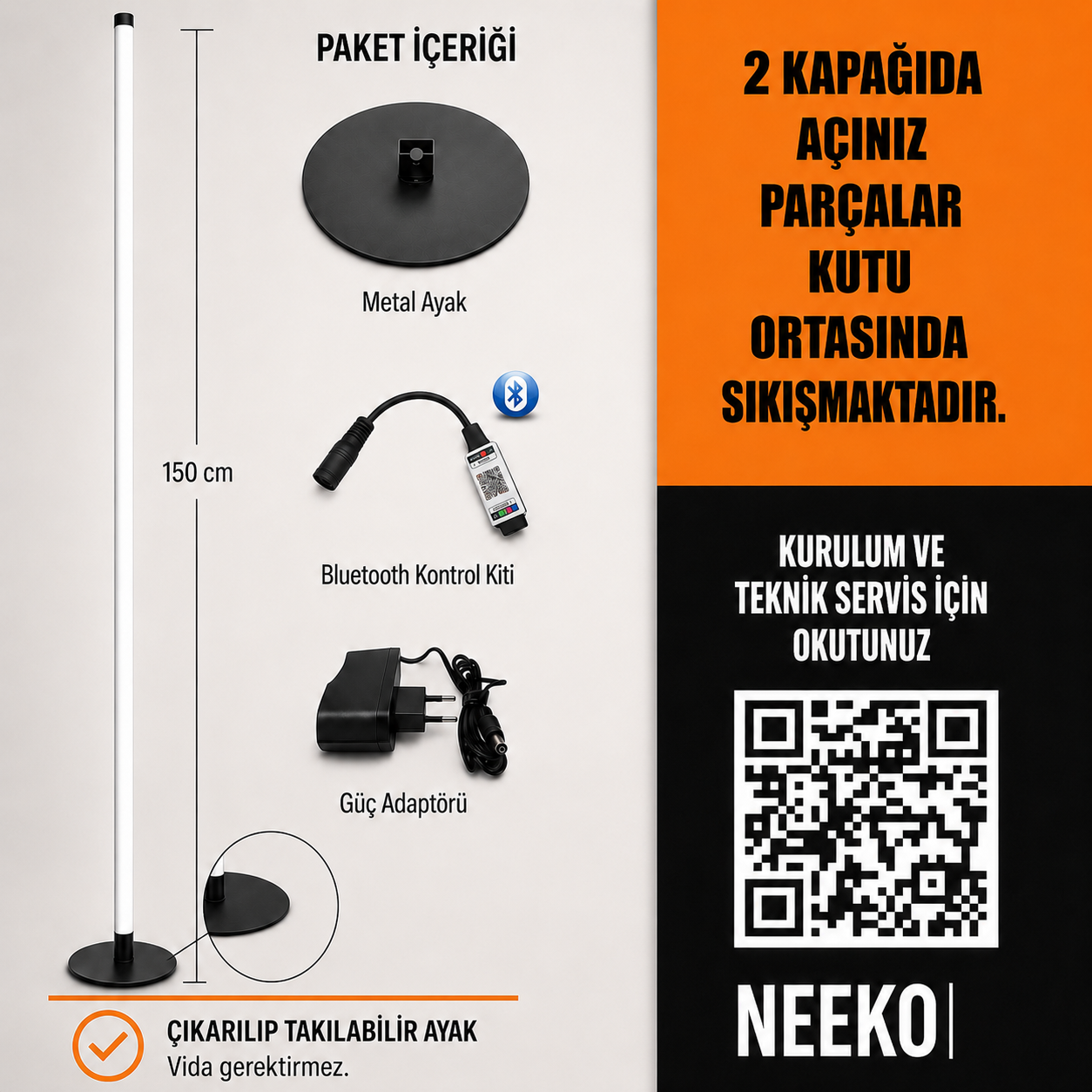 Phonix RGB Telefon Kontrollü Lambader – Sınırsız Renk, 22 Işık Modu - 150 Cm