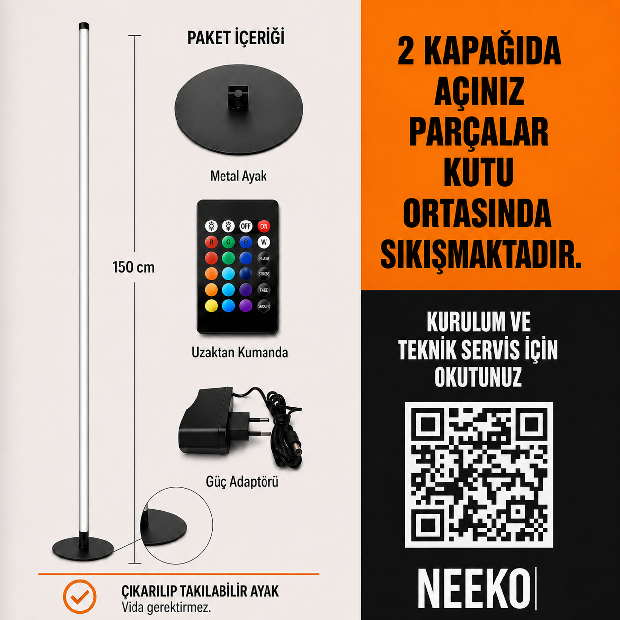 Nexus  Renkli LED Lambader – RGB 16 Renk, 4 Mod, Uzaktan Kumandalı - 150 Cm