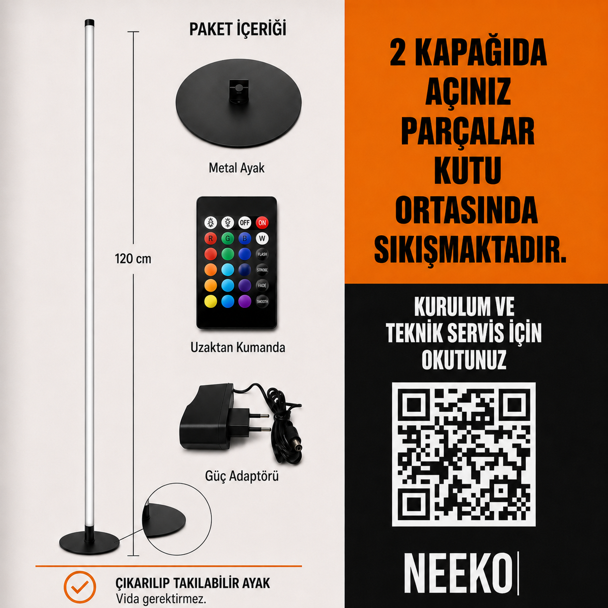 Nexus Renkli LED Lambader – RGB 16 Renk, 4 Mod, Uzaktan Kumandalı - 120 Cm