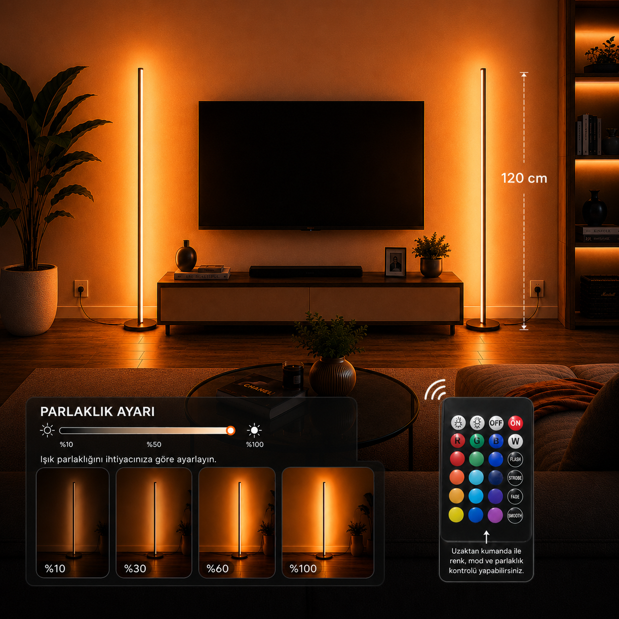 Nexus Renkli LED Lambader – RGB 16 Renk, 4 Mod, Uzaktan Kumandalı - 120 Cm