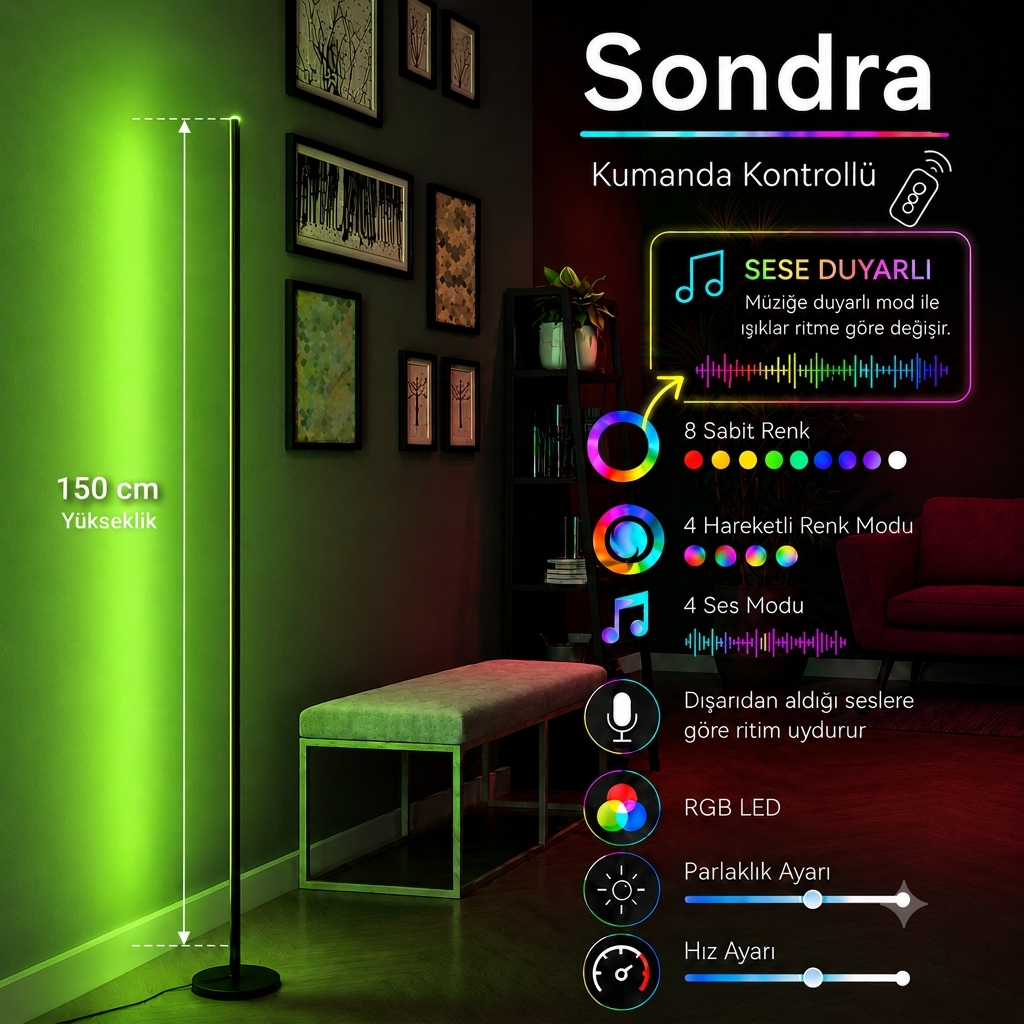 Sondra Sese ve Müziğe Duyarlı RGB LED Lambader – Kumandalı, 8 Renk, 4 Ritim Modu 150 Cm