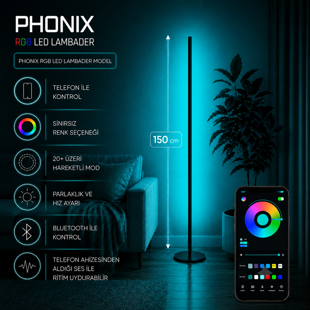 Phonix RGB Telefon Kontrollü Lambader – Sınırsız Renk, 22 Işık Modu - 150 Cm