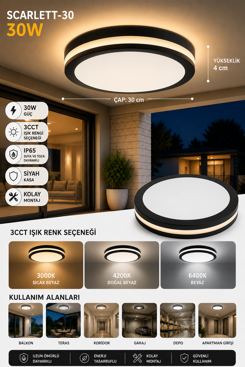 SCARLET 30 cm 3 Renk LED Plafonyer  3000K-4200K-6400K Ayarlanabilir Tavan Armatürü Modern Tavan Lambası