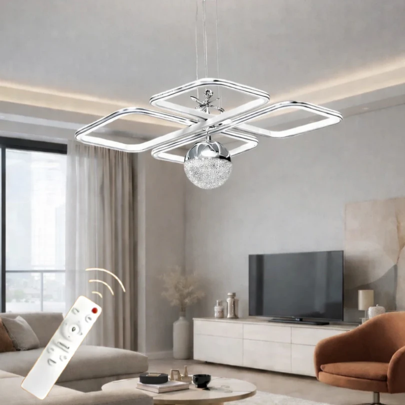 Milano Krom Beyaz  Çizgi Detaylı Uzaktan Kumandalı Dimmerli Gece Modlu 3 Renk Ledli Avize - Çap 50 cm