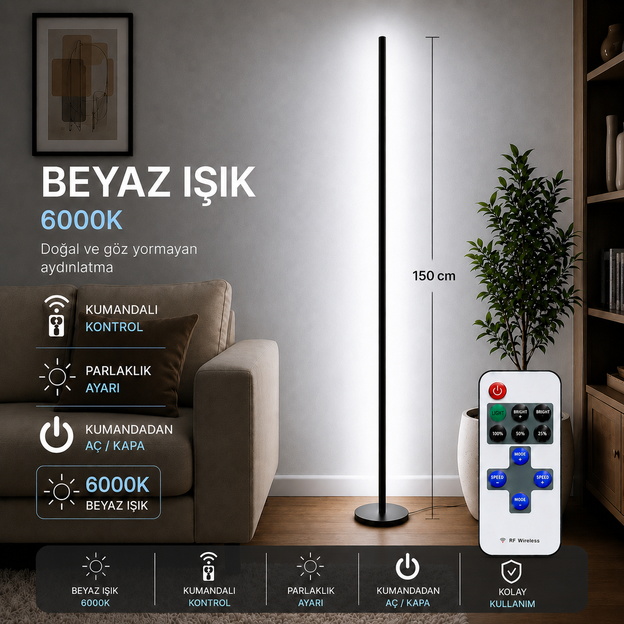 LUMINA Orjinal Beyaz 6000K Kumandalı Lambader 150 CM