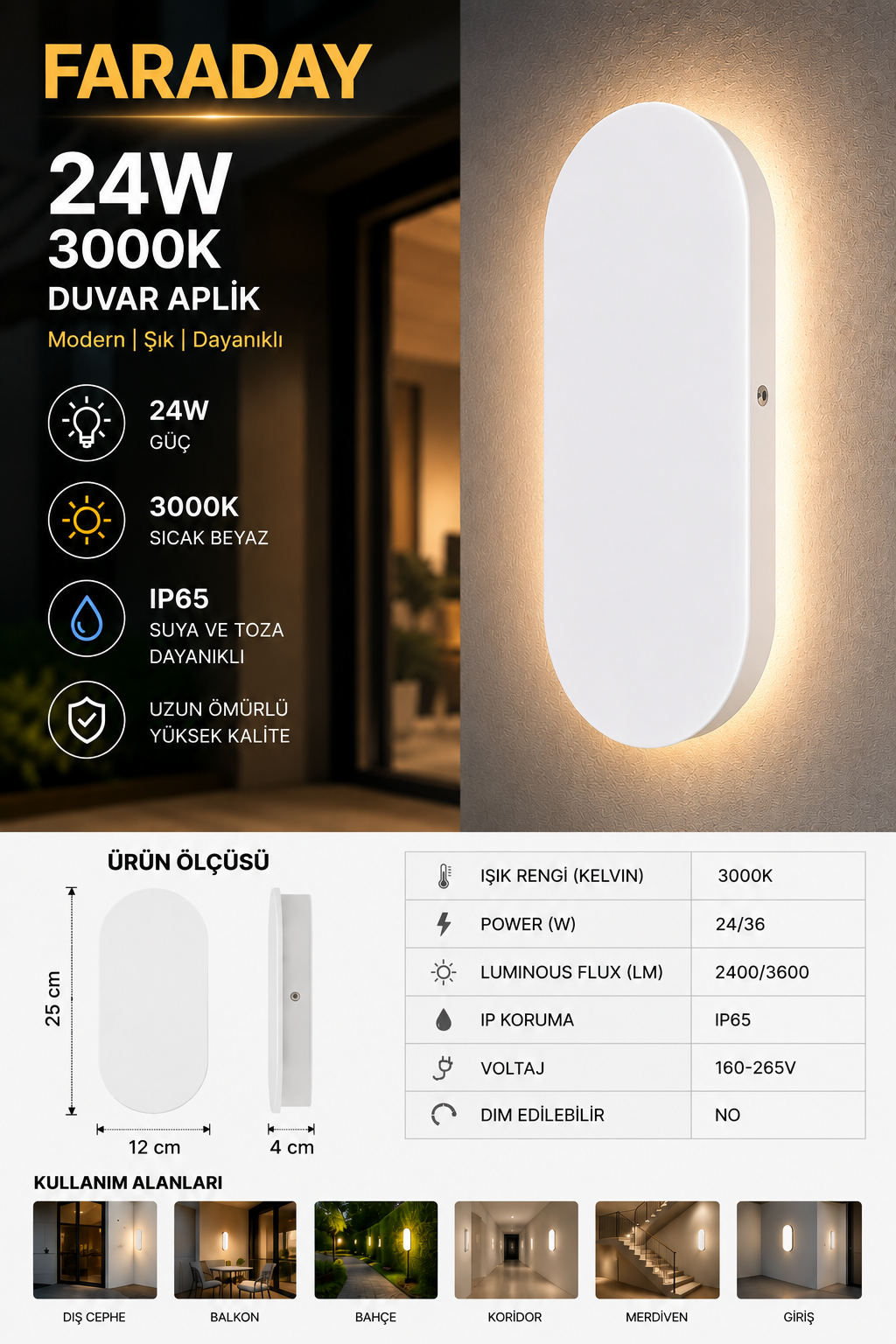 FARADAY 24W LED Duvar Aplik IP65 Su Geçirmez Dış Mekan Duvar Aydınlatma 25 cm