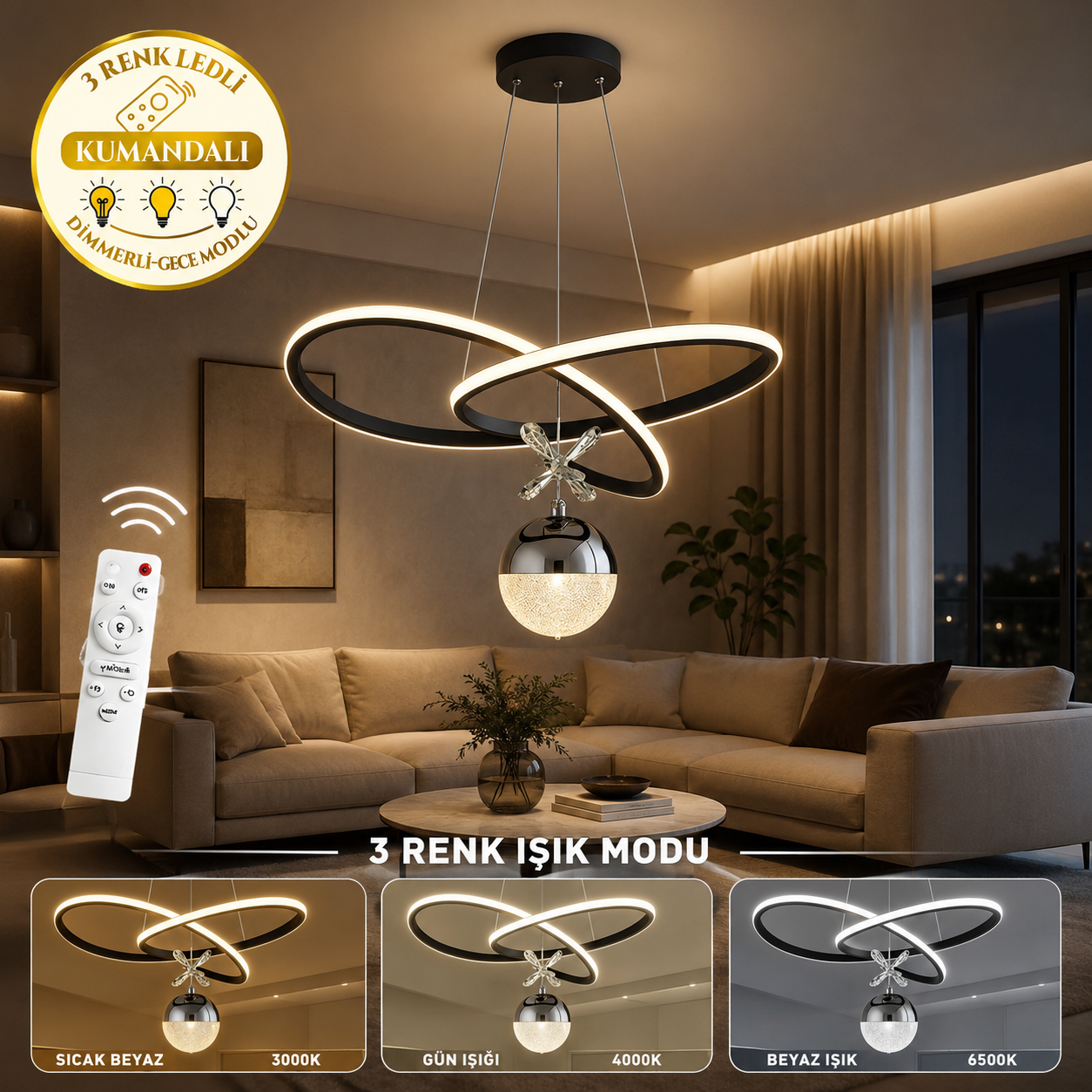 Adore  Kumandalı 3 Renk LED Modern Sarkıt  Tasarım Avize