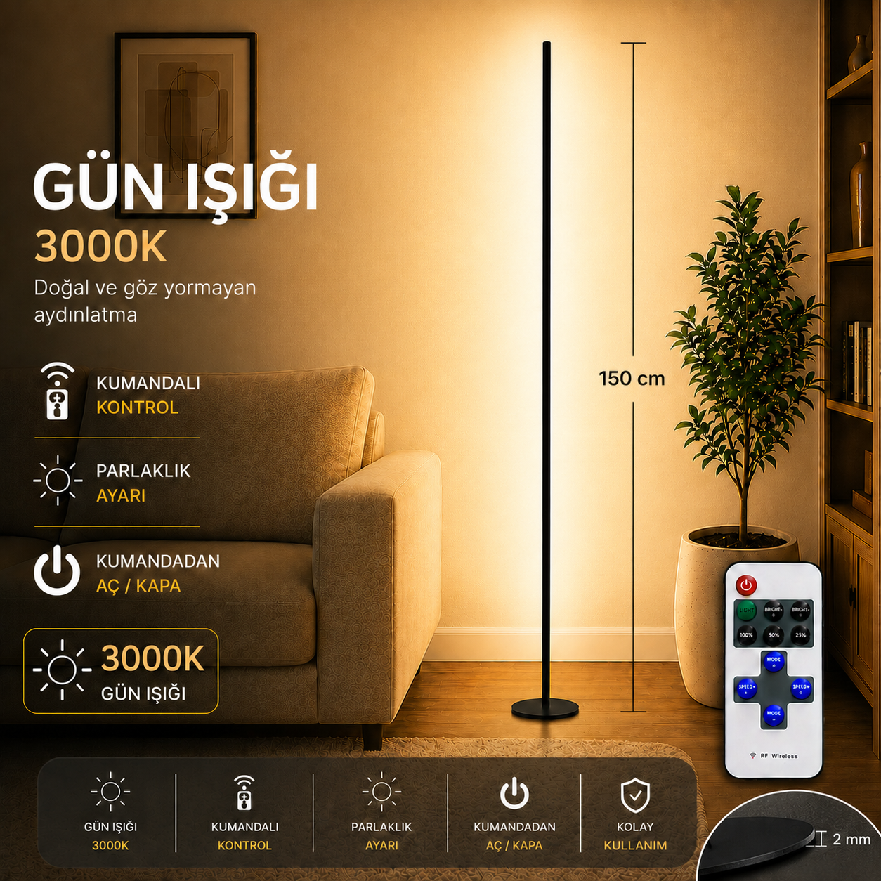 Luma Gün Işığı 3000K  Kumandalı Lambader 150 CM