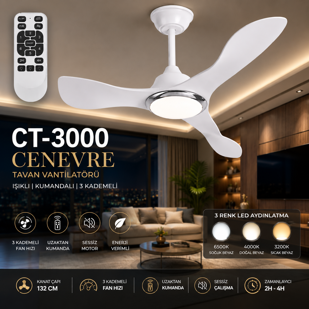 Cenevre Ledli Tavan Vantilatörü 3 Işık Rengi 122 cm kanat çapı CT-3000