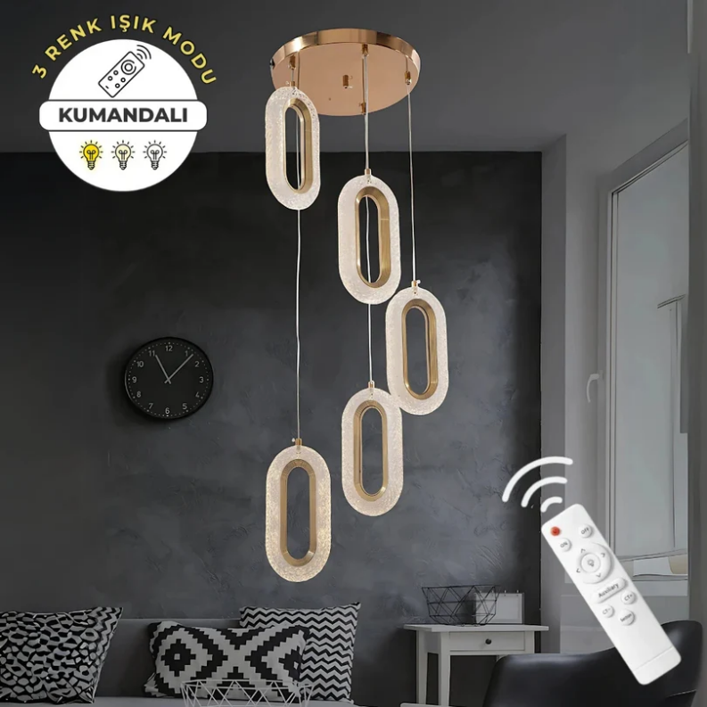 Eleni Gold  5'li Lüks Kumandalı Dimmerli 3 Renk LED Modern Avize
