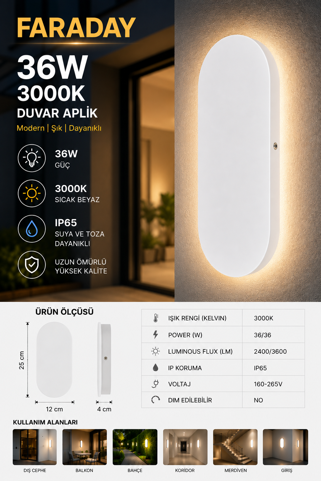FARADAY 36W LED Duvar Aplik IP65 Su Geçirmez Dış Mekan Duvar Aydınlatma 25 cm