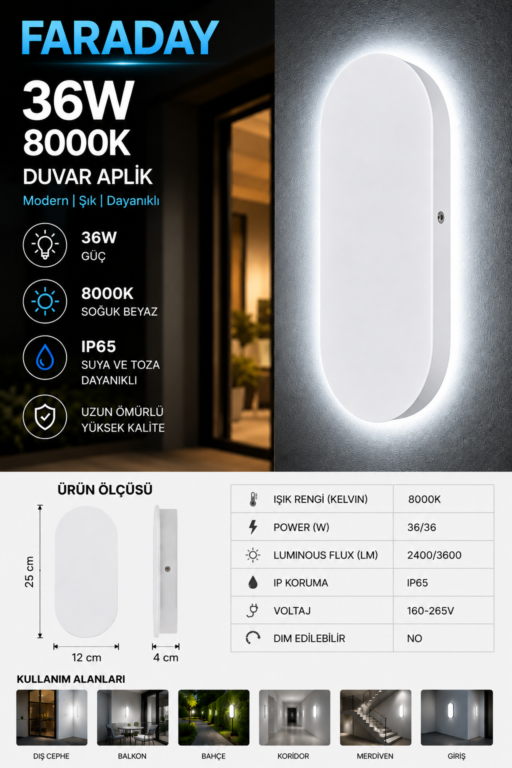 FARADAY 36W LED Duvar Aplik IP65 Su Geçirmez Dış Mekan Duvar Aydınlatma 25 cm