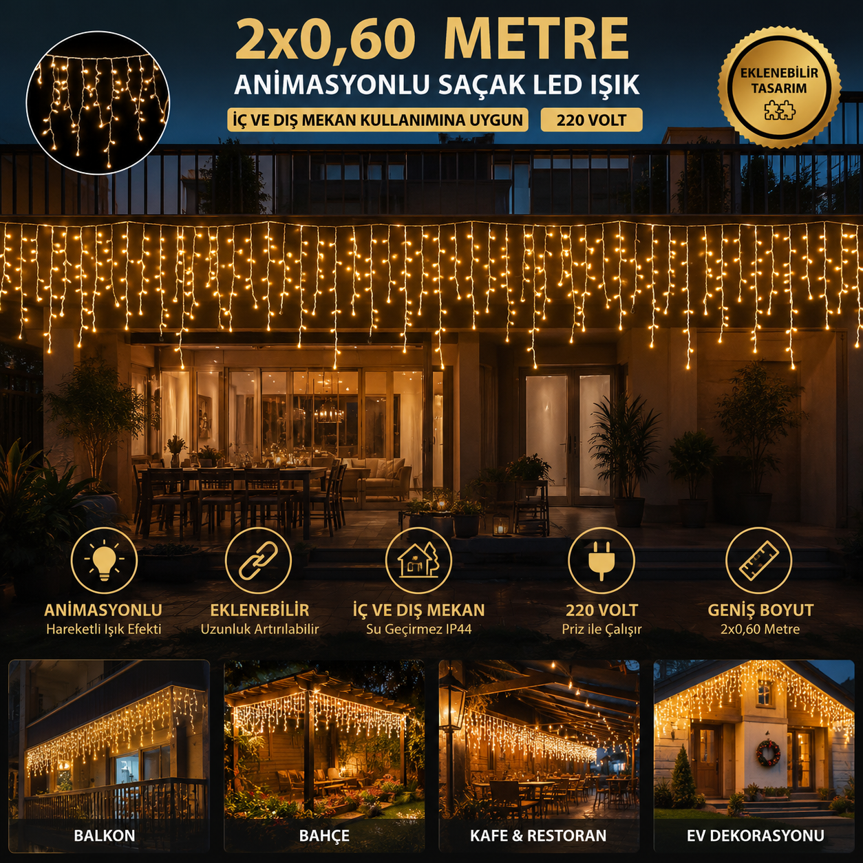 CT-8504 2x0,60 m Gün Işığı Saçak LED Animasyonlı Eklenebilir Dekoratif Perde Işığı