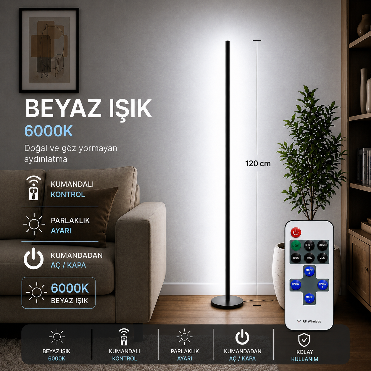 LUMINA Orjinal Beyaz 6000K Kumandalı Lambader 120 CM