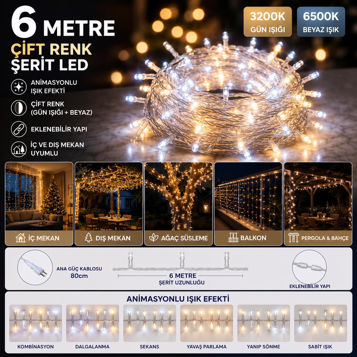 10 Metre Gün Işığı Beyaz DÖNÜŞÜMLÜ  Animasyonlu Flaşlı IP44 Eklenebilir LED İp Işık Dış Mekan Dekorasyon CT-8502