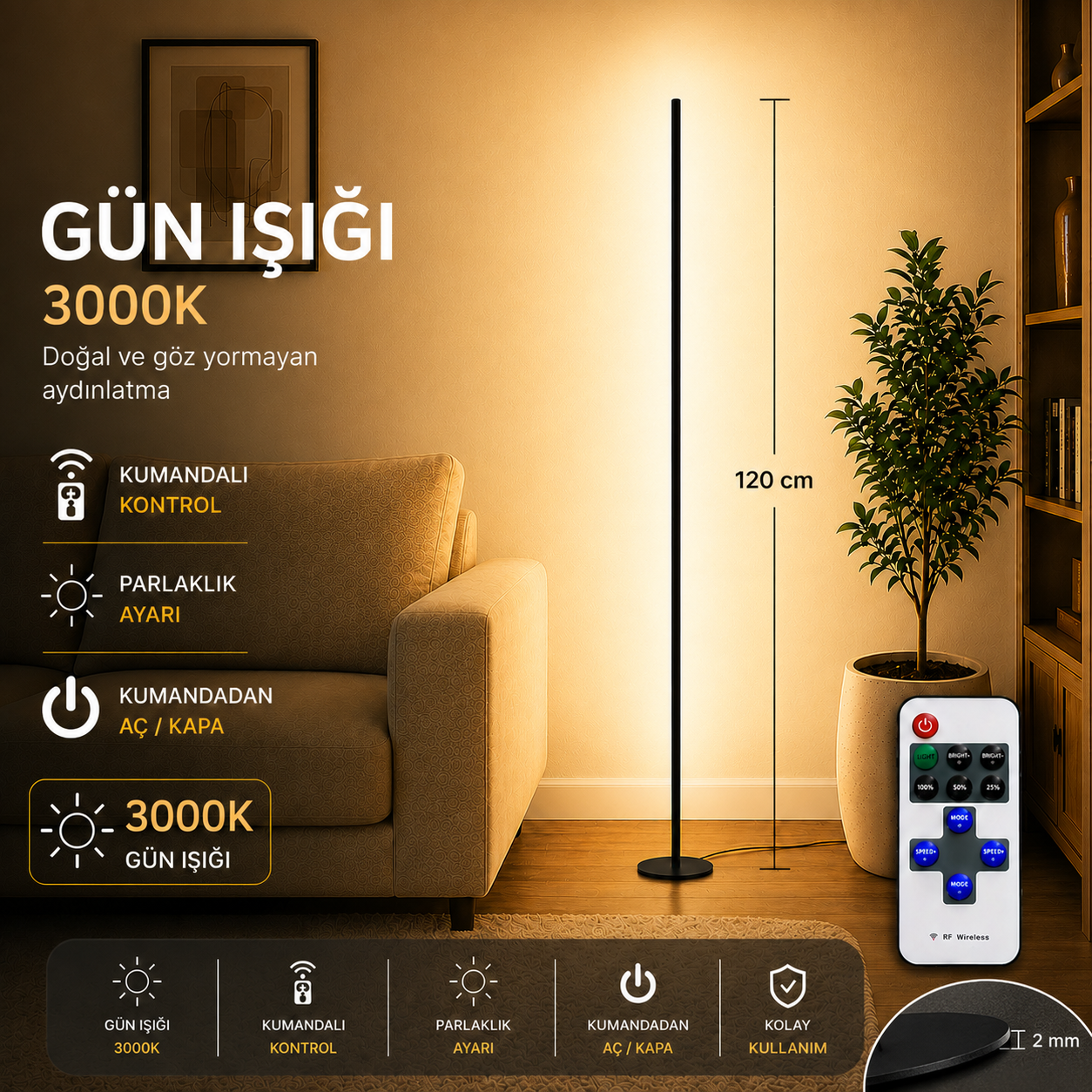 Luma Gün Işığı 3000K  Kumandalı Lambader 120 CM