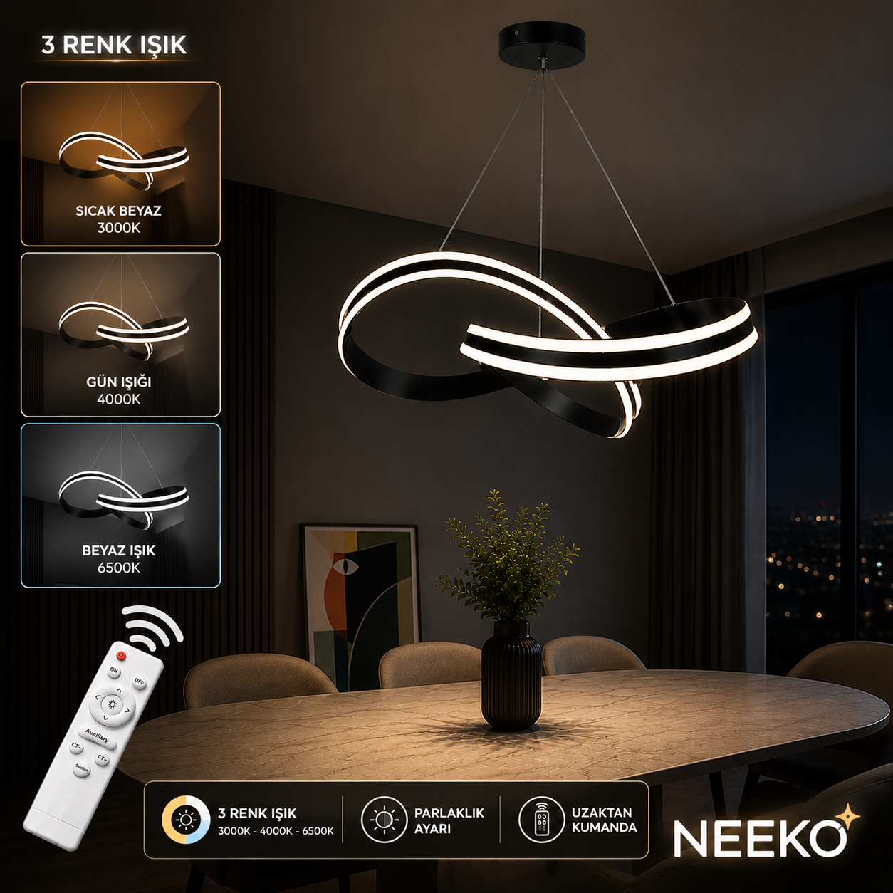 Astera Siyah Kumandalı 3 Renk LED Modern Sarkıt Avize