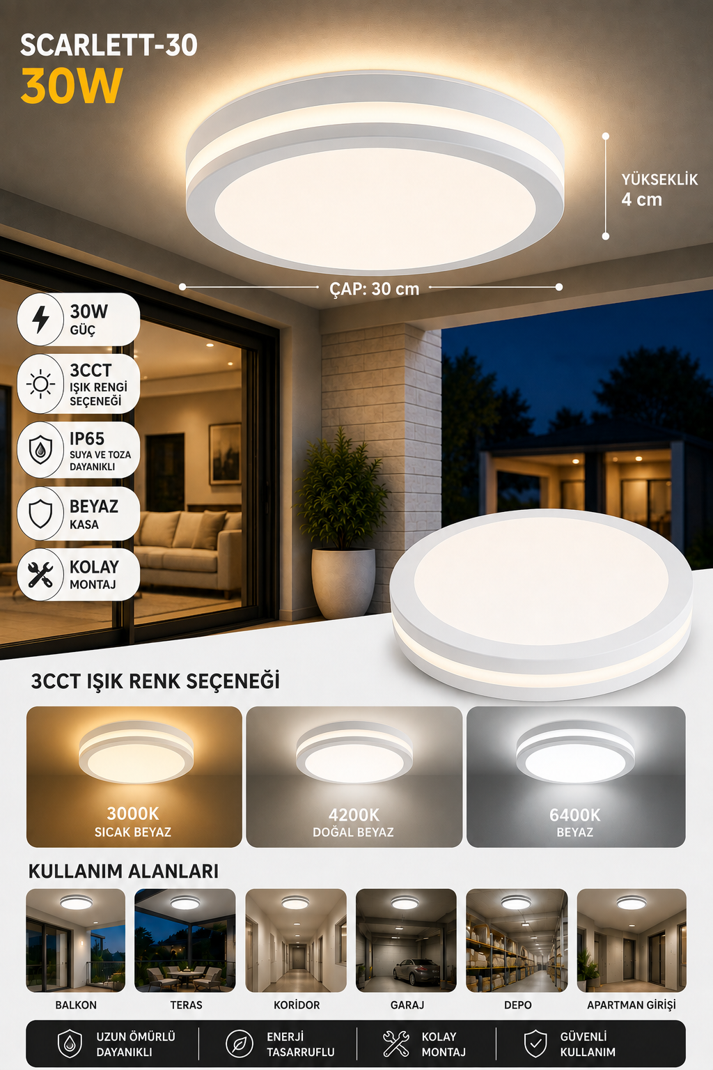 SCARLET 30 cm 3 Renk LED Plafonyer  3000K-4200K-6400K Ayarlanabilir Tavan Armatürü Modern Tavan Lambası