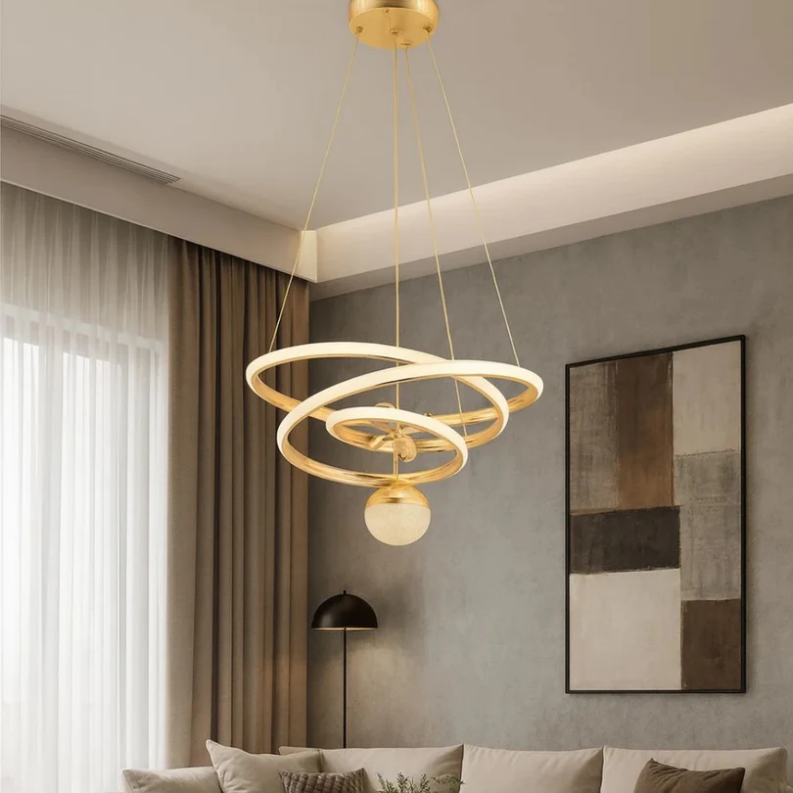 Calista Gold Beyaz Özel Tasarım Gold Çizgi Detaylı Uzaktan Kumandalı Dimmerli Gece Modlu 3 Renk Ledli Avize - Çap 50 cm