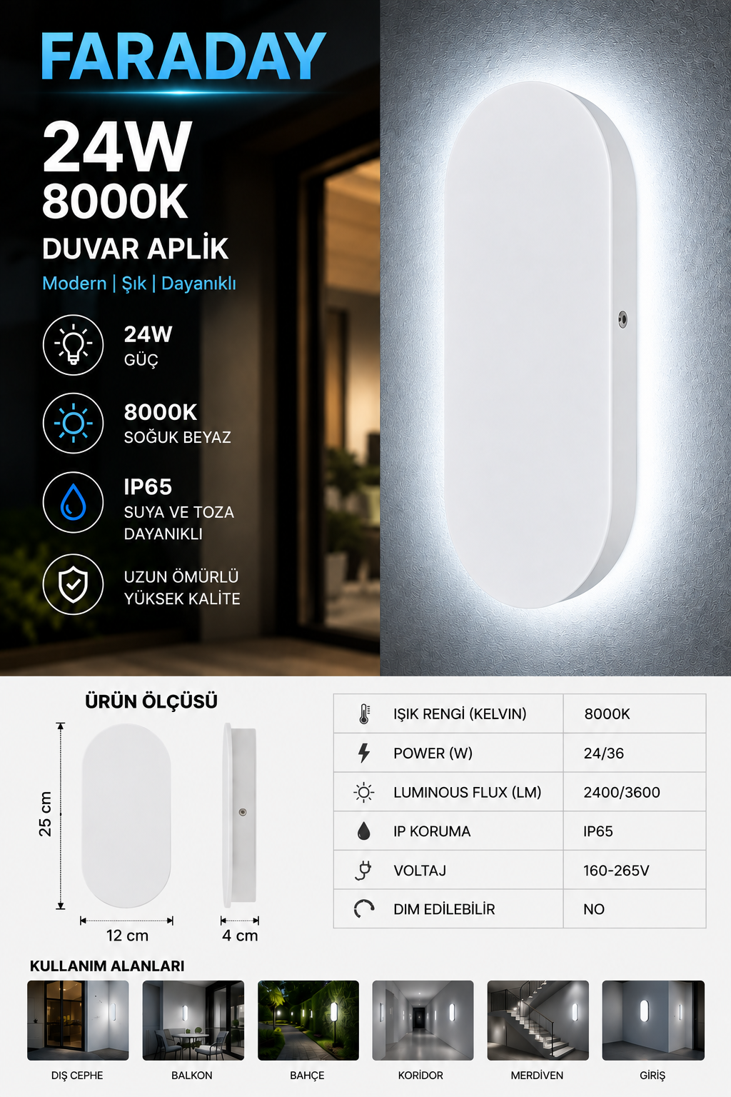 FARADAY 24W LED Duvar Aplik IP65 Su Geçirmez Dış Mekan Duvar Aydınlatma 25 cm