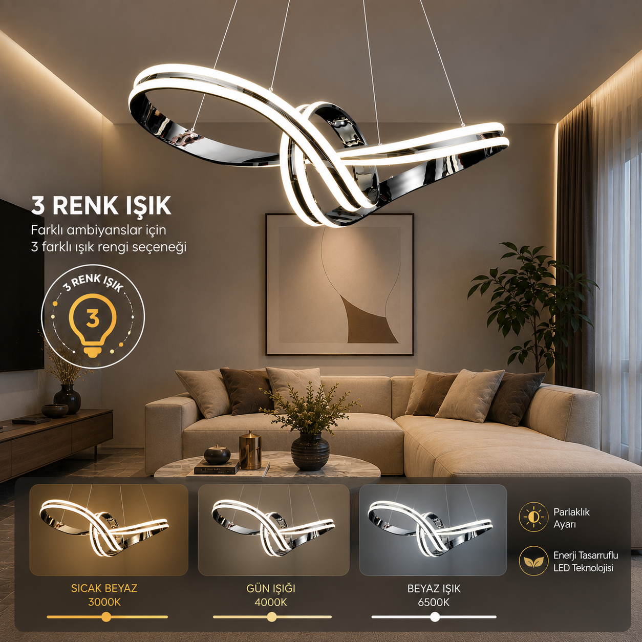 Papyon Krom Kaplama 3 Renk LED Modern Sarkıt  Tasarım LED AvizAvize