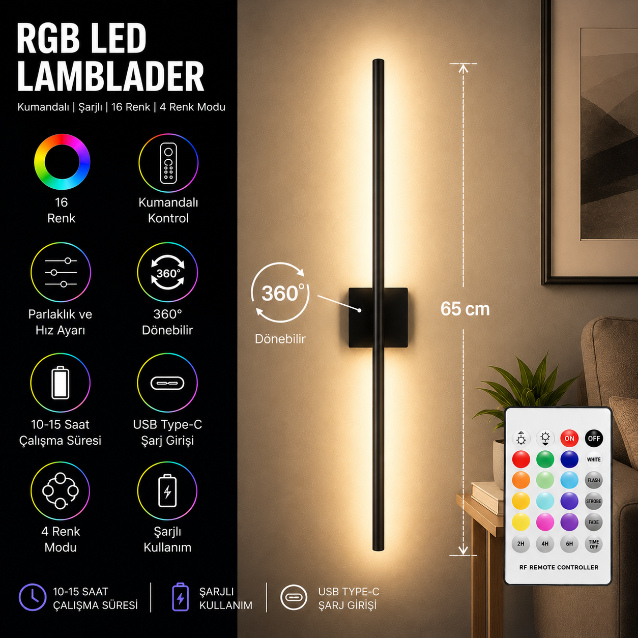 Bekos Şarjlı Aplik RGB 360 Derece Dönebilen SİYAH KASA