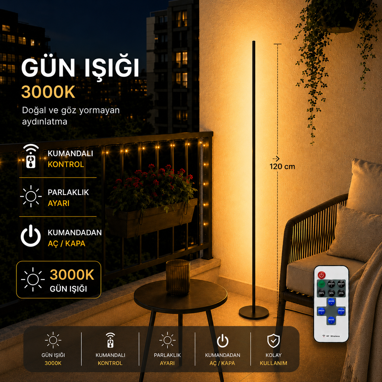 Luma Gün Işığı 3000K  Kumandalı Lambader 120 CM