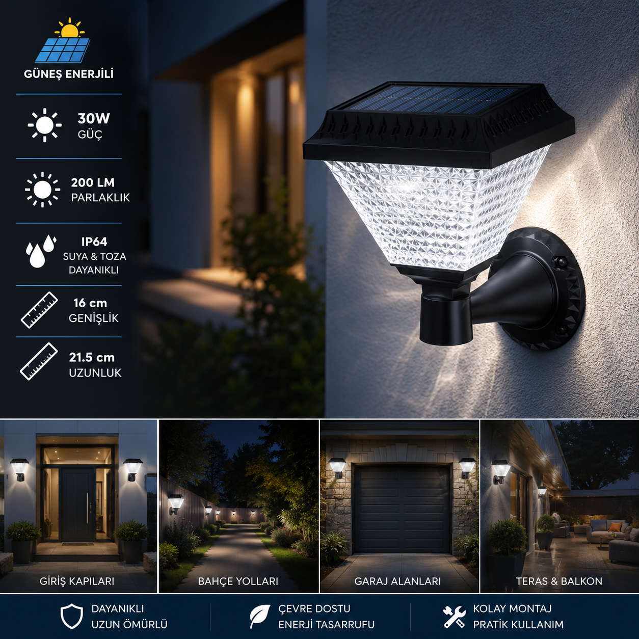 Güneş Enerjili 30W SOLARLI LED APLİK BEYAZ IŞIK CT-7316