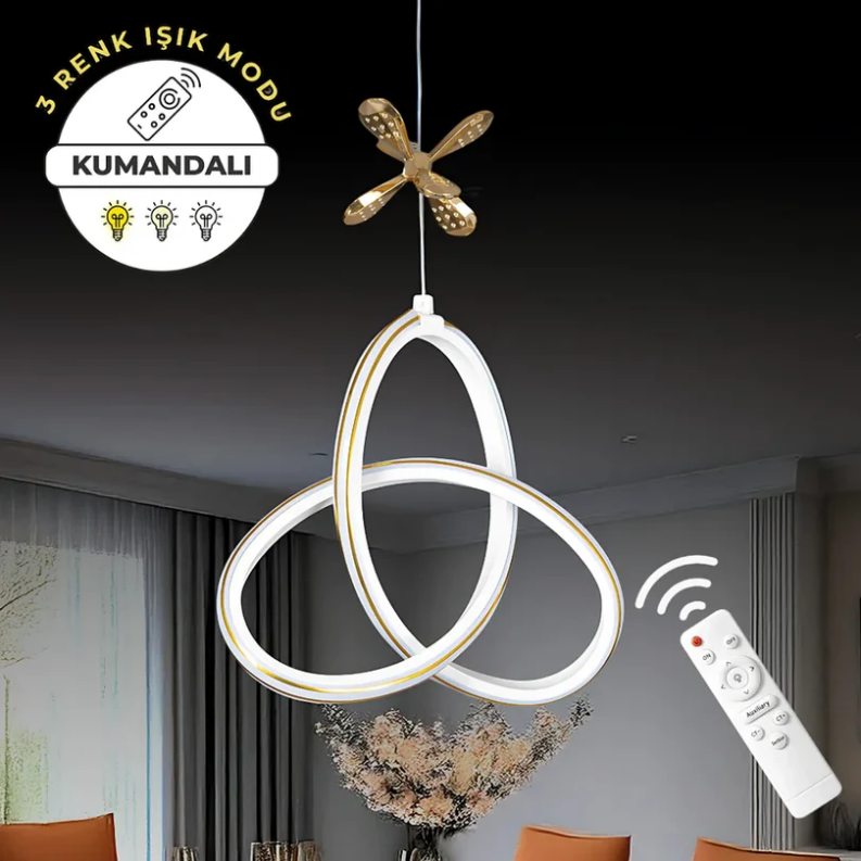 Yonca Beyaz  Gold Çizgili  Kumandalı 3 Renk Dimmerli LED  Kelebek Detaylı Sarkıt Avize