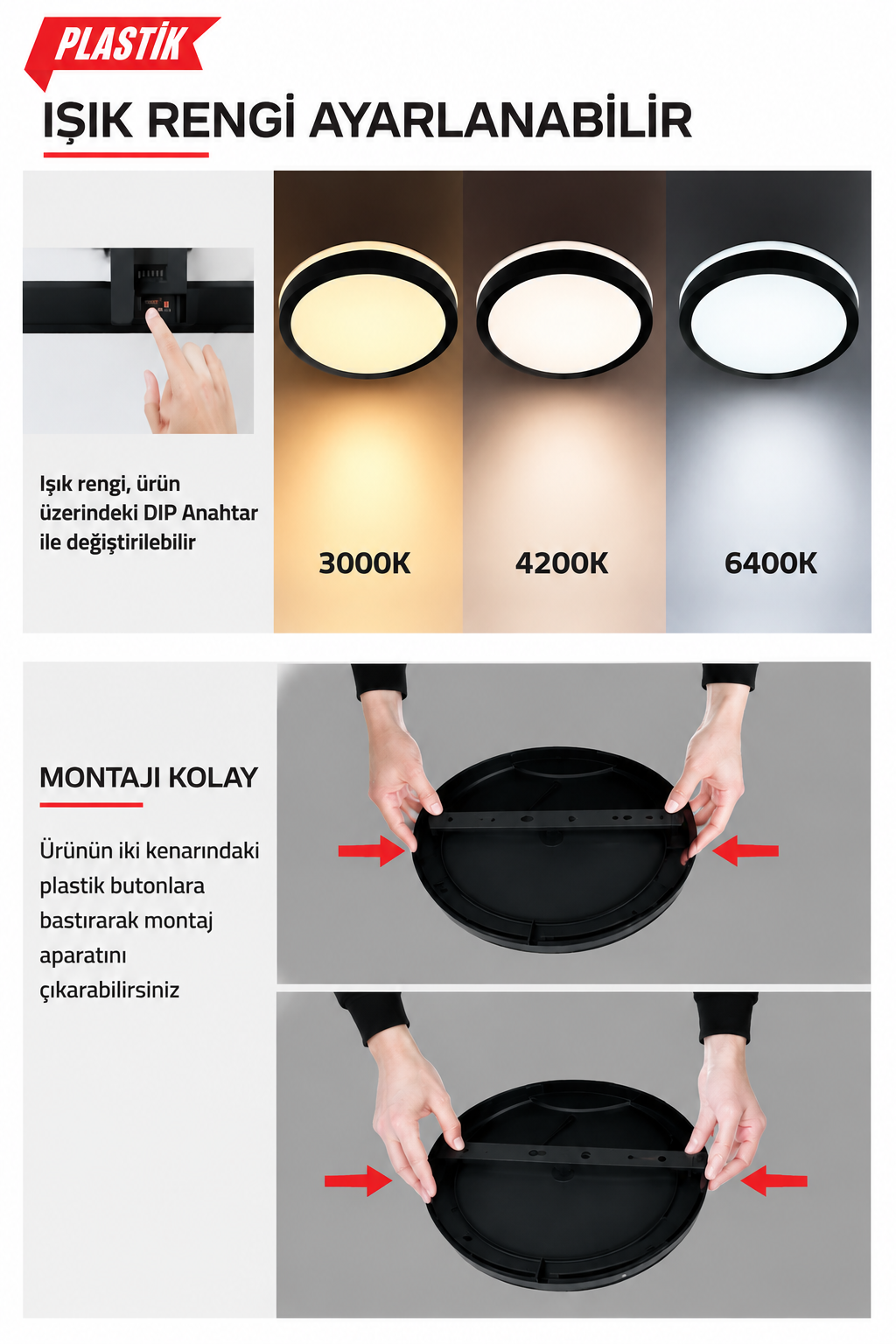 SCARLET 30 cm 3 Renk LED Plafonyer  3000K-4200K-6400K Ayarlanabilir Tavan Armatürü Modern Tavan Lambası