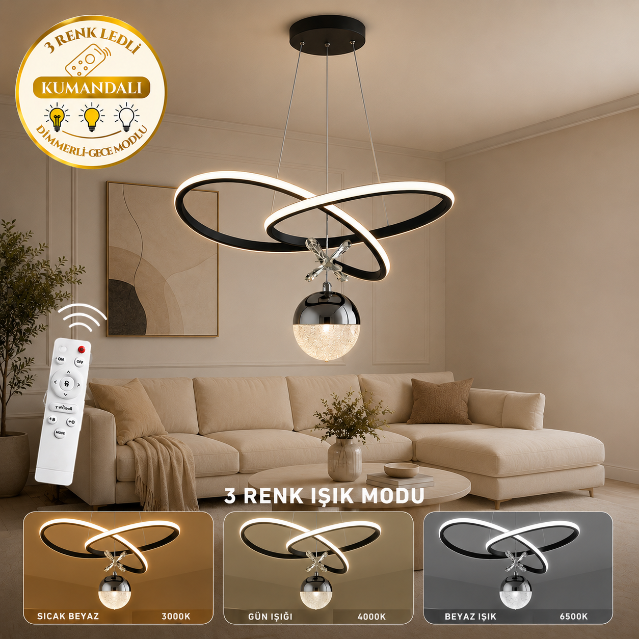 Adore  Kumandalı 3 Renk LED Modern Sarkıt  Tasarım Avize