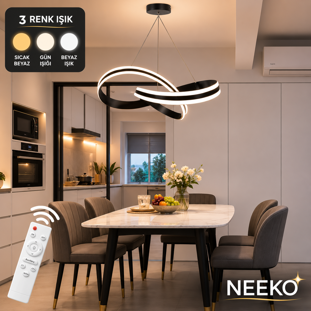 Astera Siyah Kumandalı 3 Renk LED Modern Sarkıt Avize