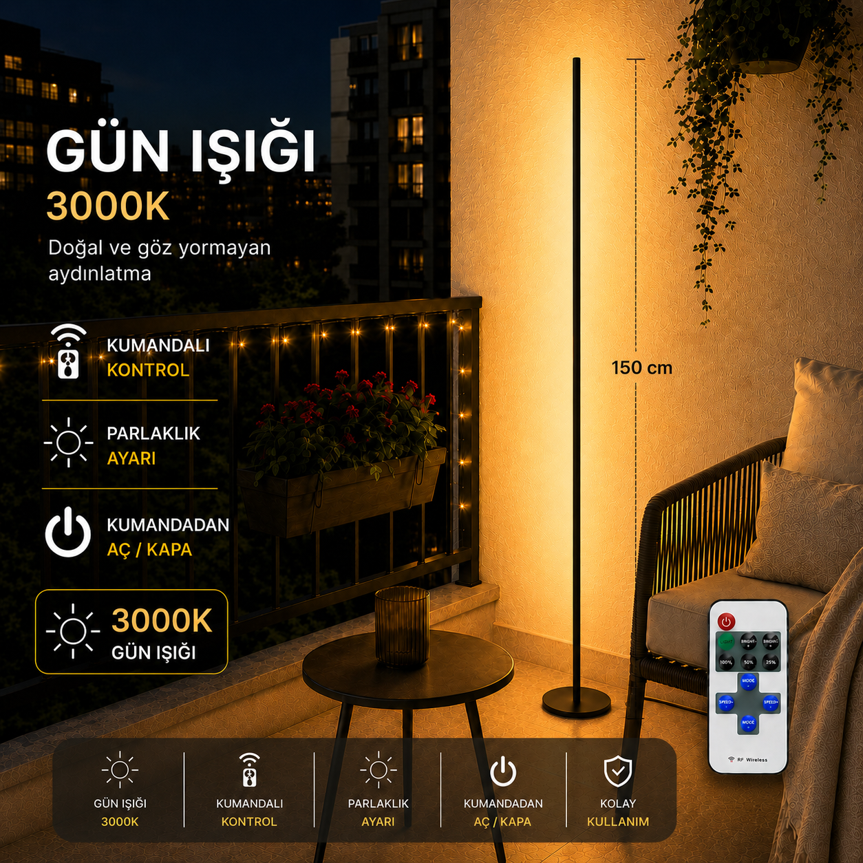 Luma Gün Işığı 3000K  Kumandalı Lambader 150 CM