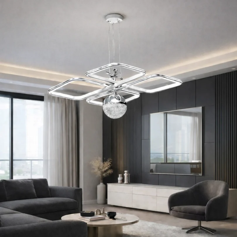 Milano Krom Beyaz  Çizgi Detaylı Uzaktan Kumandalı Dimmerli Gece Modlu 3 Renk Ledli Avize - Çap 50 cm