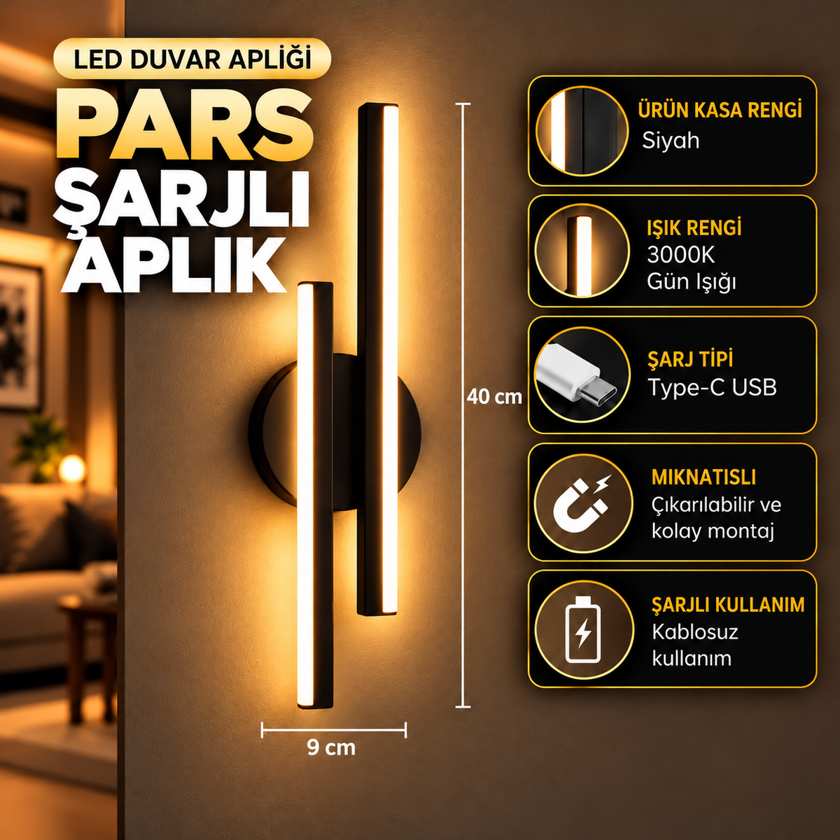 PARS Şarjlı Modern LED Duvar Apliği Günışığı Taşınabilir Usb