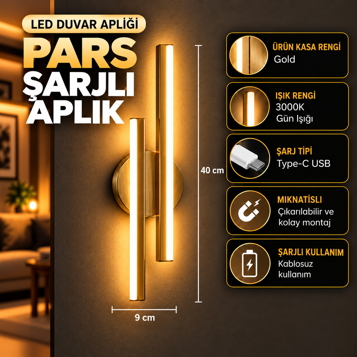 PARS Şarjlı Modern LED Duvar Apliği Günışığı Taşınabilir Usb