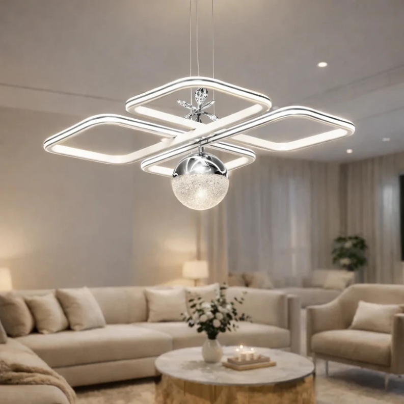 Milano Krom Beyaz  Çizgi Detaylı Uzaktan Kumandalı Dimmerli Gece Modlu 3 Renk Ledli Avize - Çap 50 cm