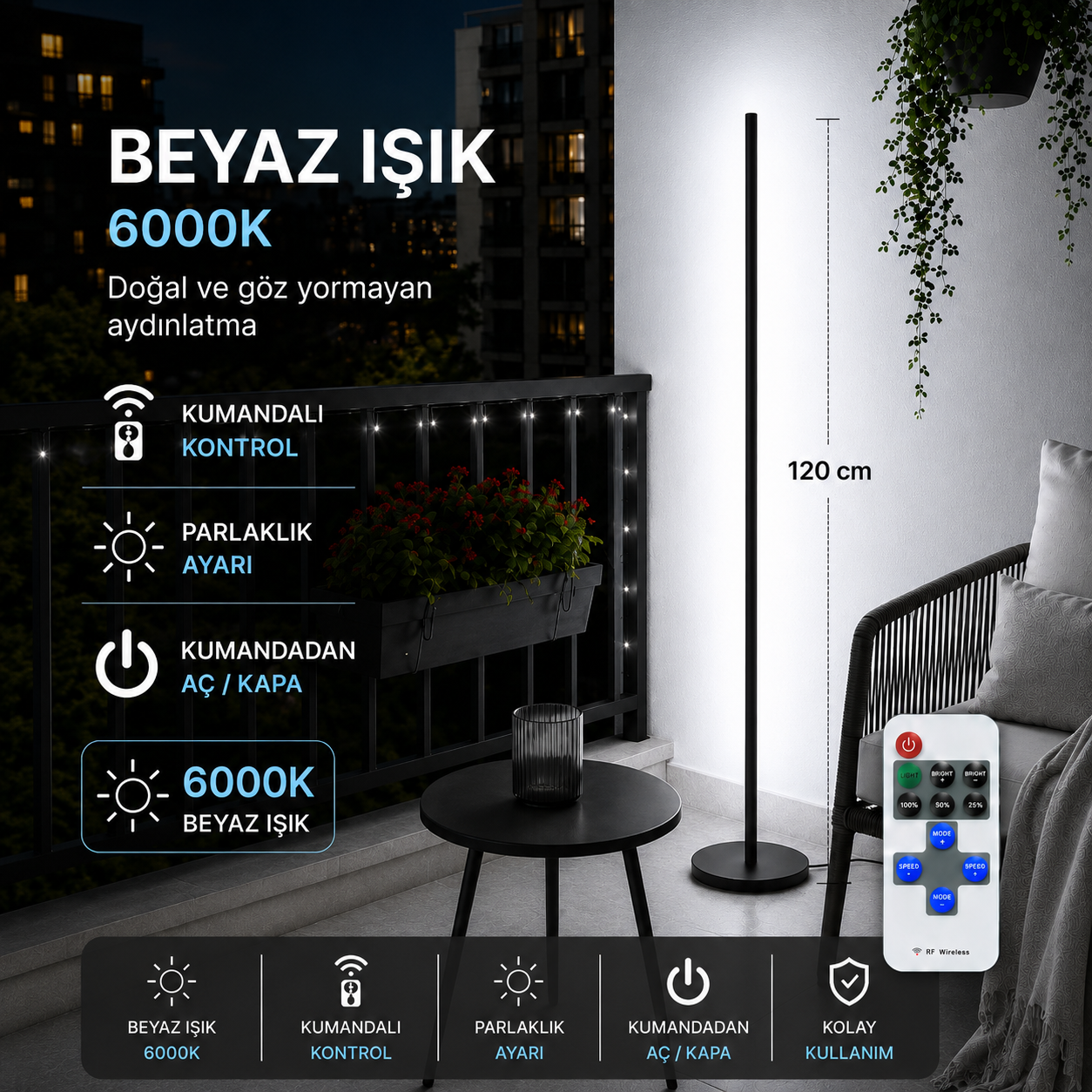 LUMINA Orjinal Beyaz 6000K Kumandalı Lambader 120 CM
