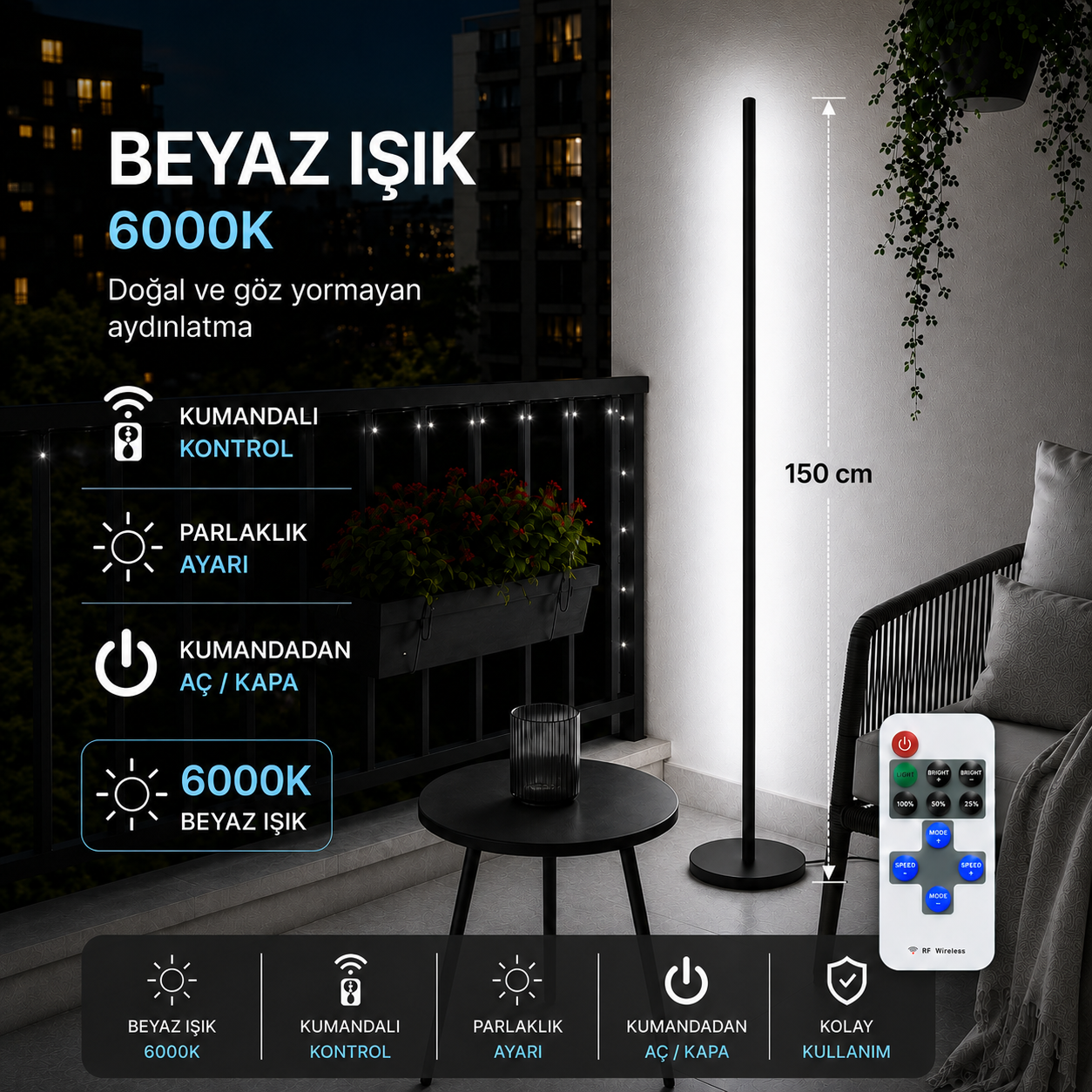 LUMINA Orjinal Beyaz 6000K Kumandalı Lambader 150 CM