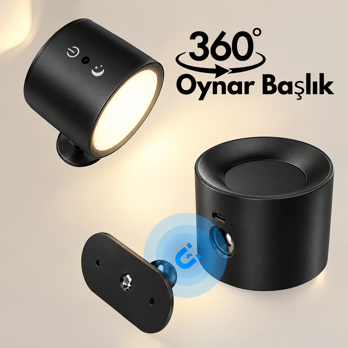 360 Derece Dönebilen Çift Işık Yönlü Şarjlı Aplik 3 Işık Rengi Kumandalı Mıknatıslı